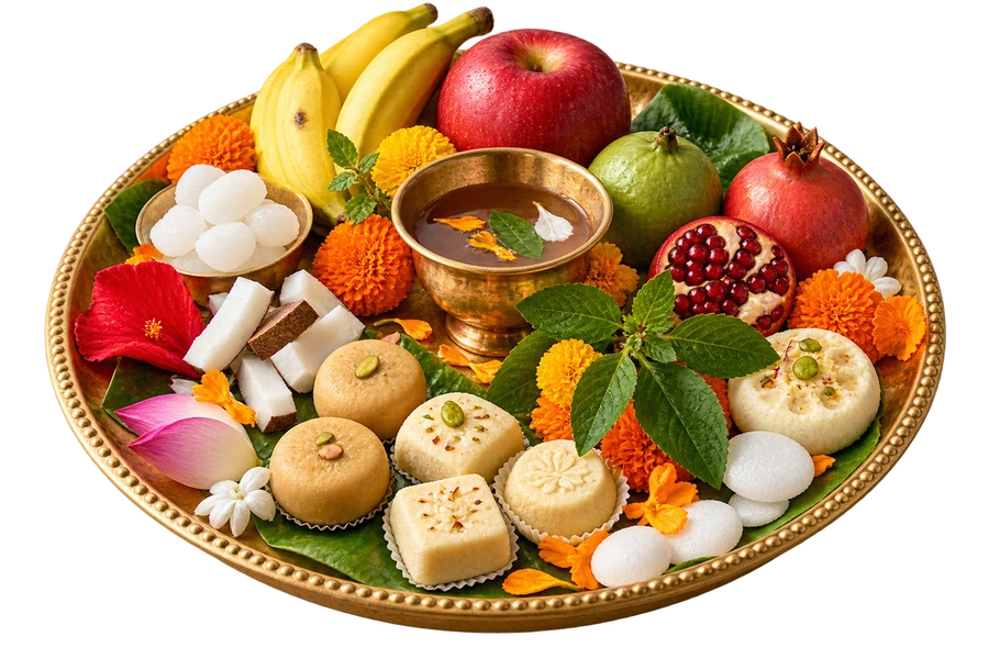 Special Prasad thali with fruit and sweets
