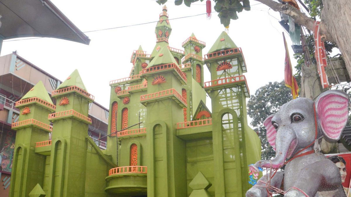 Green elephant accented Durga Puja pandal facade in Ranchi in 2022