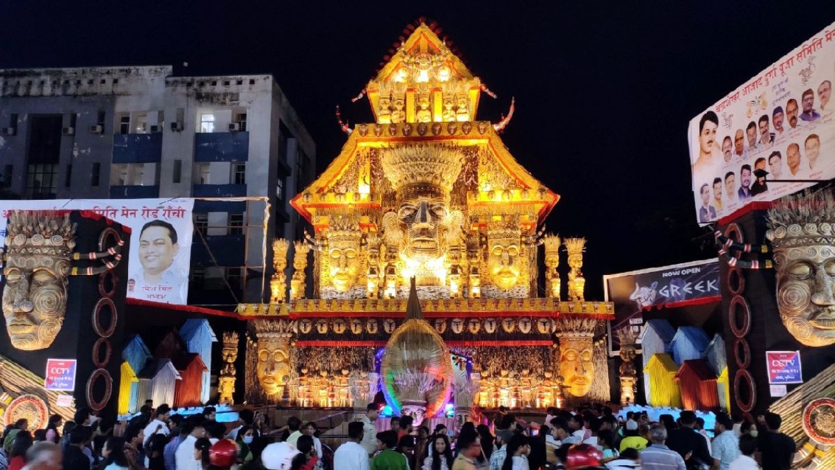 Illuminated sculptural Durga Puja pandal in Ranchi in 2022