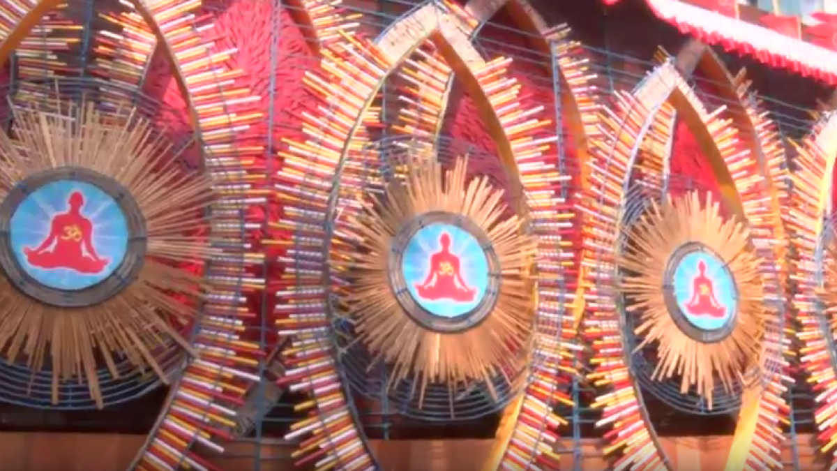 Bamboo yoga themed Durga Puja pandal detail at Albert Ekka Chowk in 2023