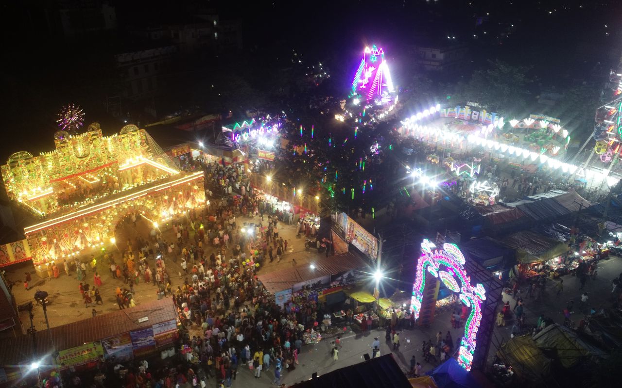 Aerial night view of Harmu Panch Mandir Puja grounds in Ranchi in 2024